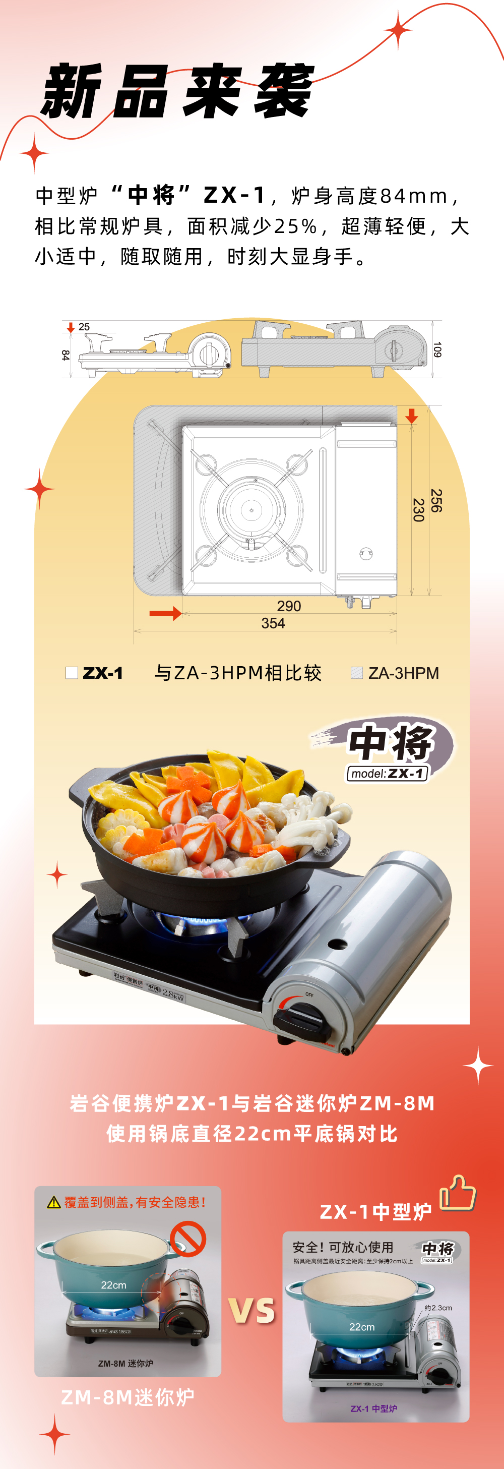 巖谷便攜爐ZX-1，爐身高度84mm，相比常規(guī)爐具，面積減少25%，
超薄輕便，大小適中，隨取隨用，時(shí)刻大顯身手。